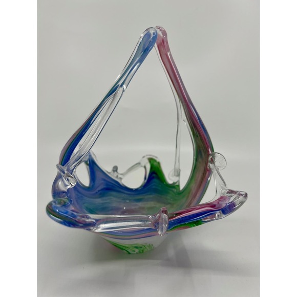 VNTG Murano Multi-Color Pastel Swirl Hand-Blown Art Glass Basket Bowl Easter - Picture 10 of 10